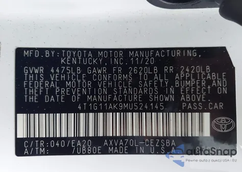 2021 Toyota Camry Se z USA, uszkodzony, nr VIN 4T1G11AK9MU524145